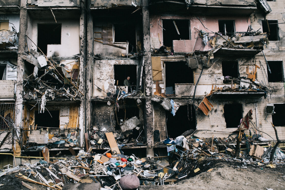Apartment building destroyed after the rocket attack by Russia, Pozniaky district, Kyiv, Ukraine.
